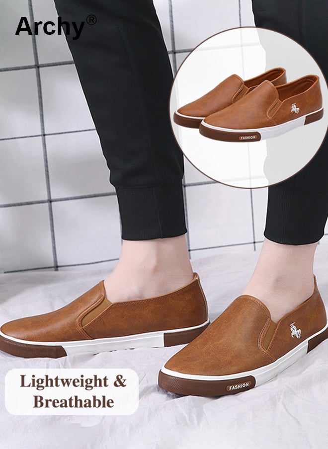 أرشي حذاء مسطح من الجلد للأعمال التجارية للرجال بتصميم بسيط ومقدمة مستديرة ونعل ناعم منخفض وسهل الارتداء، حذاء رجالي مقاوم للتآكل ومضاد للانزلاق ومريح للقيادة - Image 1