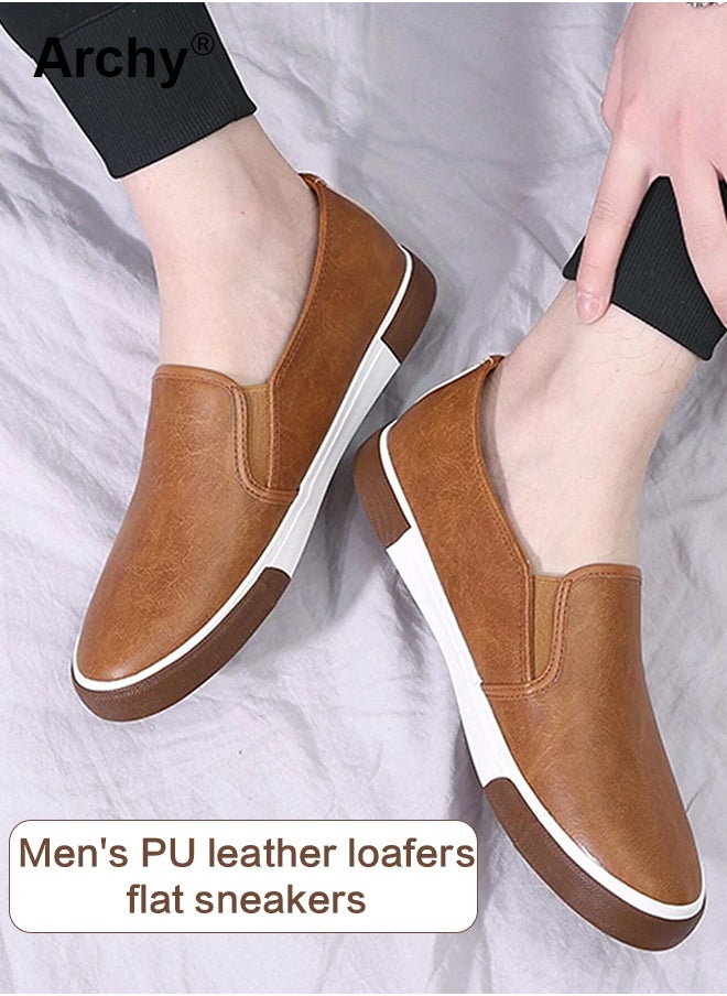 أرشي حذاء مسطح من الجلد للأعمال التجارية للرجال بتصميم بسيط ومقدمة مستديرة ونعل ناعم منخفض وسهل الارتداء، حذاء رجالي مقاوم للتآكل ومضاد للانزلاق ومريح للقيادة - Image 2