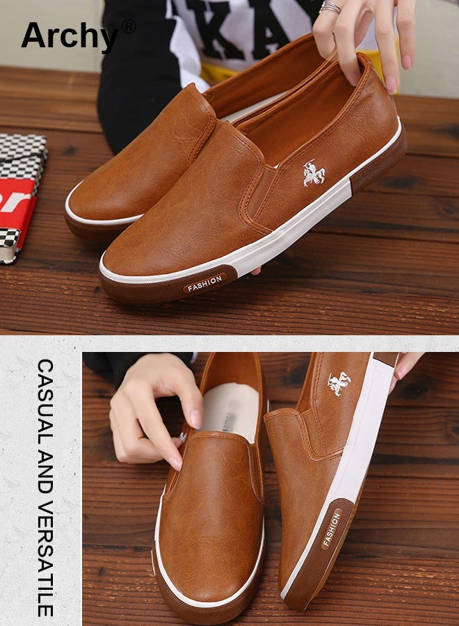 أرشي حذاء مسطح من الجلد للأعمال التجارية للرجال بتصميم بسيط ومقدمة مستديرة ونعل ناعم منخفض وسهل الارتداء، حذاء رجالي مقاوم للتآكل ومضاد للانزلاق ومريح للقيادة - Image 3