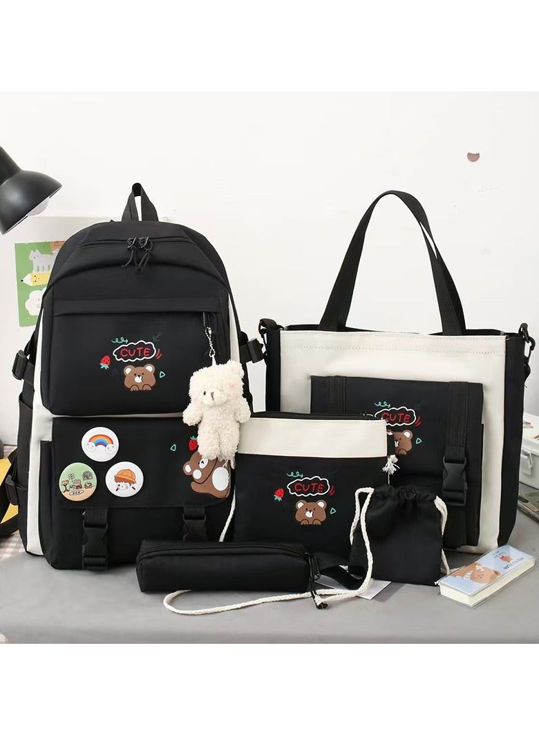 5 Pcs adult Backpack School Bags Set Backpacks with Pendant Lunch Bag Pencil Case Handbag Coin Purse for Teen Girls School Backpack  - Image 1