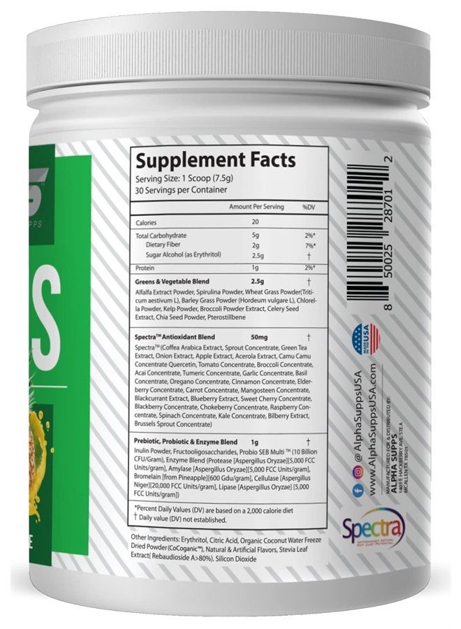 ALPHA SUPPS Alpha Greens Fruit & Vegetable Powder | Over 40 Plant Based Ingredients | Prebiotic, Probiotic Blend - 30 Servings (Pineapple) - Image 1