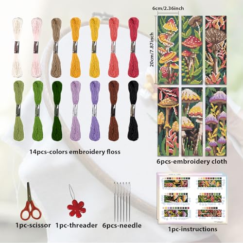 ORIGACH 6 Pcs Cross Stitch Bookmark Kit for Beginner with Backing Felt Floss Instruction Mushroom Plants DIY Stamped Embroidery Bookmark Kit for Starter Adults Book Lovers - Image 2