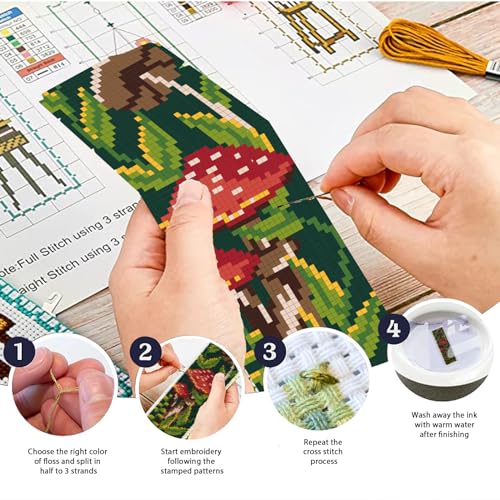 ORIGACH 6 Pcs Cross Stitch Bookmark Kit for Beginner with Backing Felt Floss Instruction Mushroom Plants DIY Stamped Embroidery Bookmark Kit for Starter Adults Book Lovers - Image 4