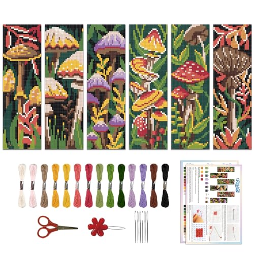 ORIGACH 6 Pcs Cross Stitch Bookmark Kit for Beginner with Backing Felt Floss Instruction Mushroom Plants DIY Stamped Embroidery Bookmark Kit for Starter Adults Book Lovers - Image 1