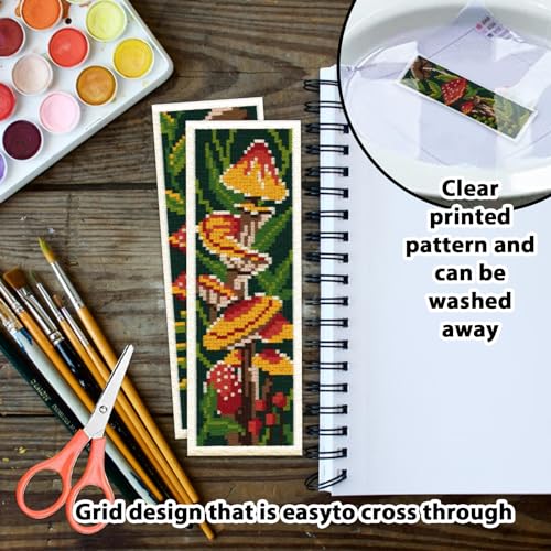 ORIGACH 6 Pcs Cross Stitch Bookmark Kit for Beginner with Backing Felt Floss Instruction Mushroom Plants DIY Stamped Embroidery Bookmark Kit for Starter Adults Book Lovers - Image 3
