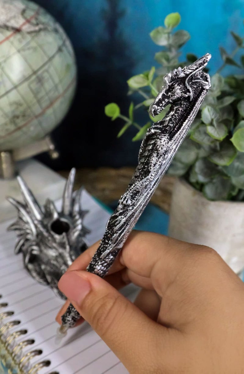 Ebros Gift Ink Of Fire Spirit Leviathan Pen With Dragon Head Base Holder Figurine 6.5" H Office Desktop Accessory Stationery Dungeons And Dragons Medieval Accent - Image 4