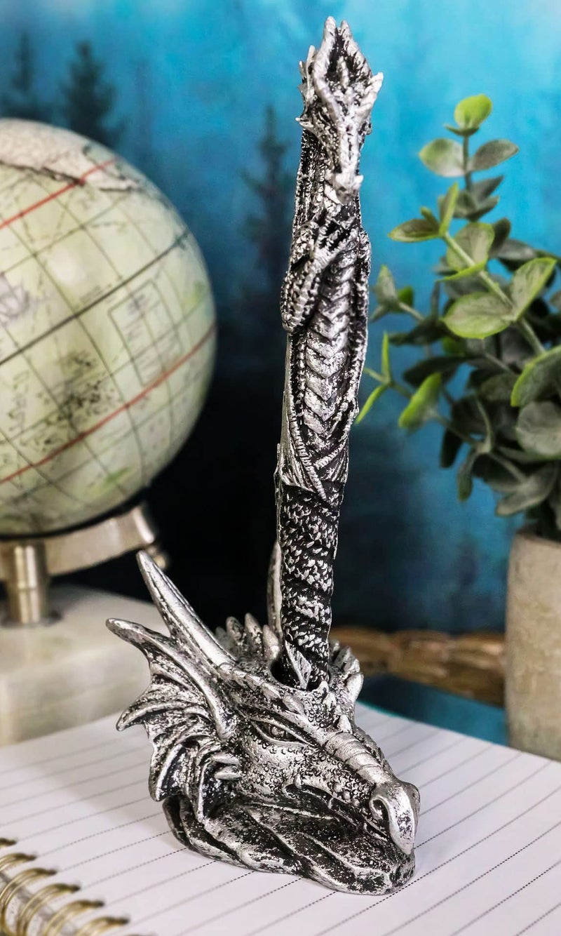 Ebros Gift Ink Of Fire Spirit Leviathan Pen With Dragon Head Base Holder Figurine 6.5" H Office Desktop Accessory Stationery Dungeons And Dragons Medieval Accent - Image 1