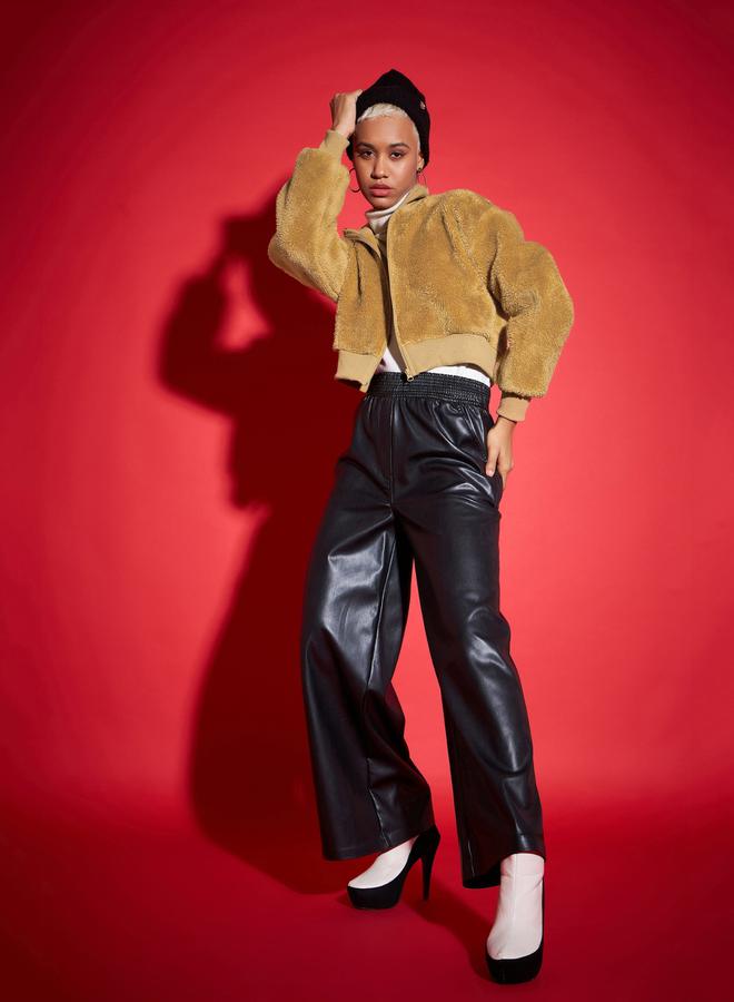 ساسافراس جاكيت بومبر قصير بياقة عالية وفرو صناعي - Image 2