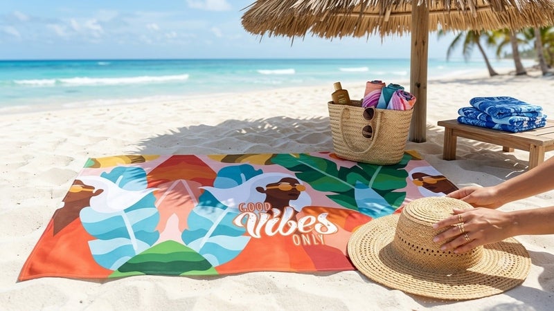 GOOD VIBES ONLY Beach Towel – Girl Print – Multicolor – 140 × 70 cm - Image 3