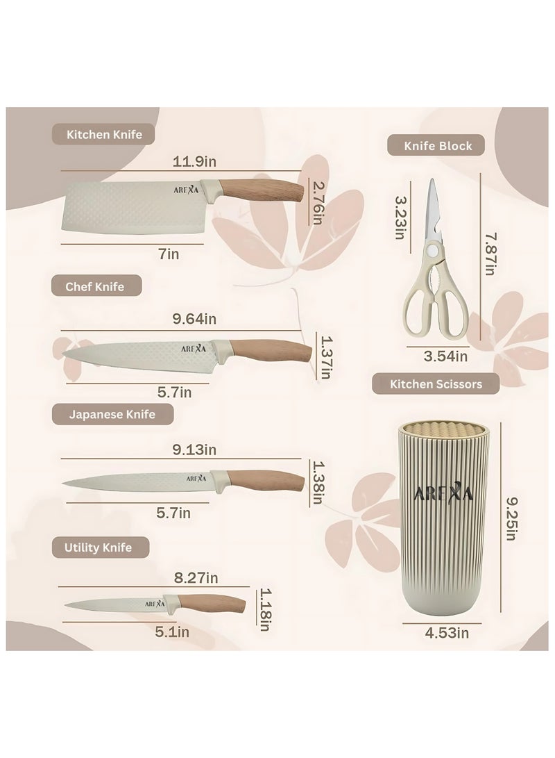 AREXA 6-Piece Khaki Kitchen Knife Set - Sharp, Non-Slip Stainless Steel Chef Knives with Universal Block - Ideal for Home & Restaurant Use, Stylish & Durable, Non-Stick Blades for Effortless Cutting - Image 3