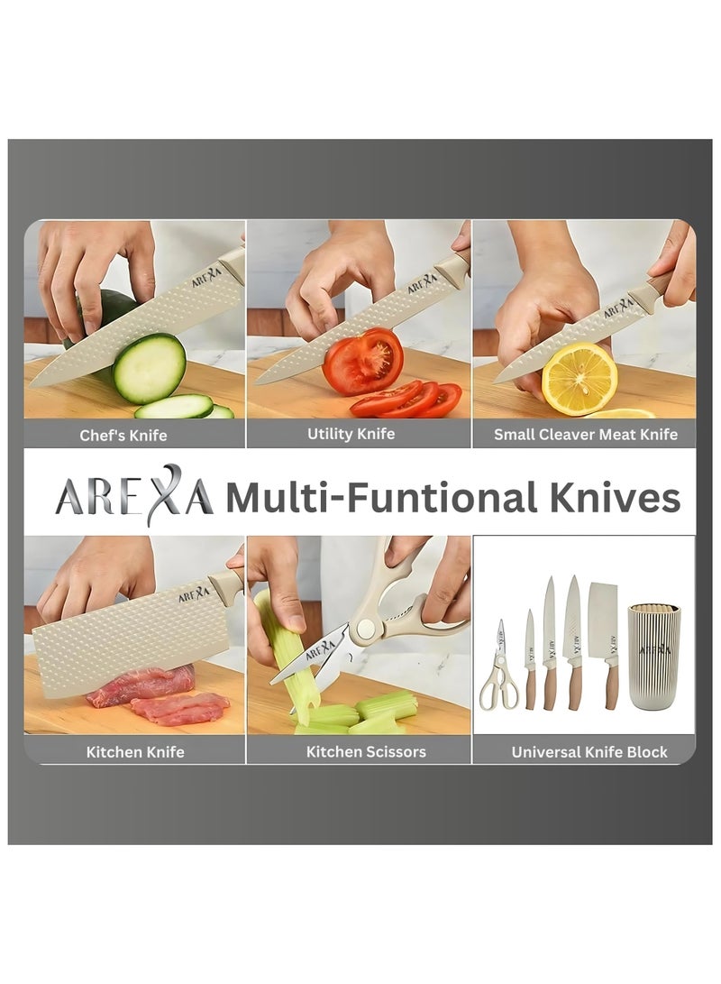 AREXA 6-Piece Khaki Kitchen Knife Set - Sharp, Non-Slip Stainless Steel Chef Knives with Universal Block - Ideal for Home & Restaurant Use, Stylish & Durable, Non-Stick Blades for Effortless Cutting - Image 4