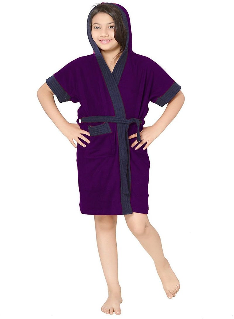 ELEVANTO Collection Half Sleeve Soft Terry Cotton BathrobePURPLENAVYM