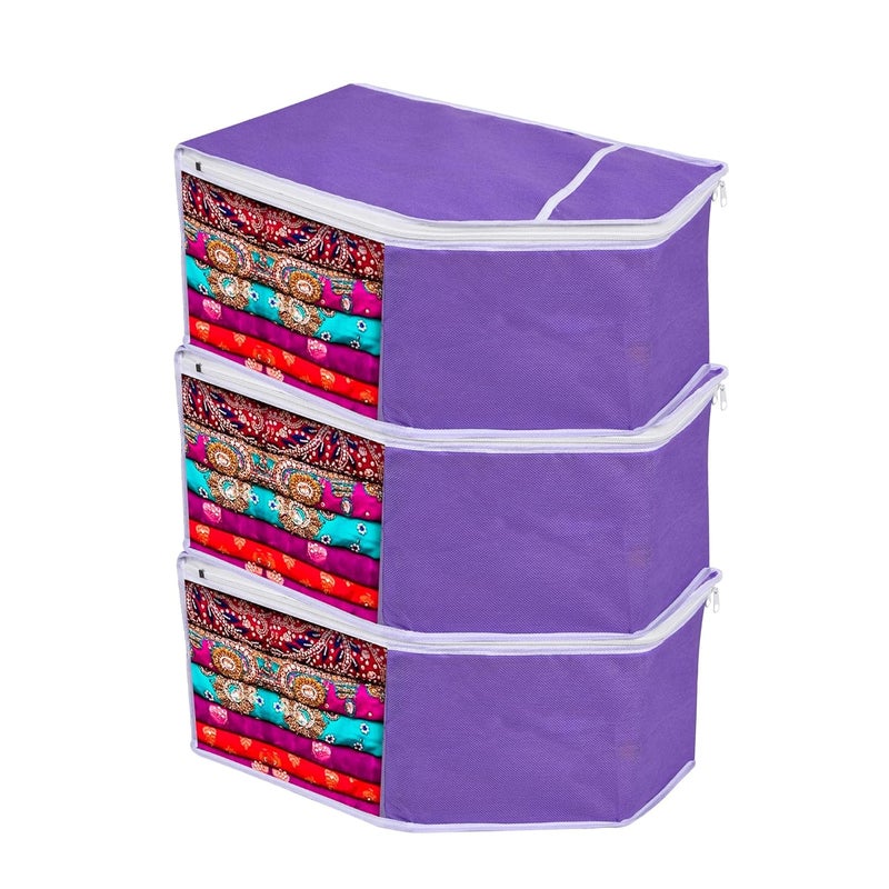 Kuber Industries Pack of 3 Blouse Storage Bag Visible Window Wardrobe Bag Clothes Storage Bag Clothes Organizer Blouse Cover Bag for Travel White Piping Purple - Image 1