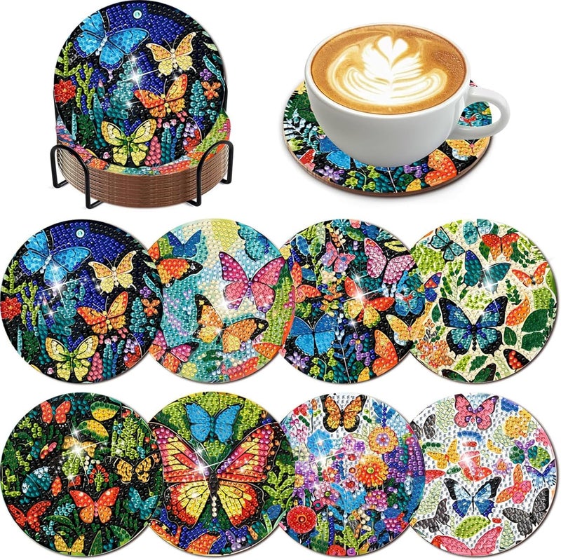 EWJRNSF 8 PCS Butterfly Diamond Painting Art Coaster Set Diamond Art Coasters Small Diamond Painting Coasters Kit Beginners Adults Art Craft Supplies (Butterfly) - Image 1