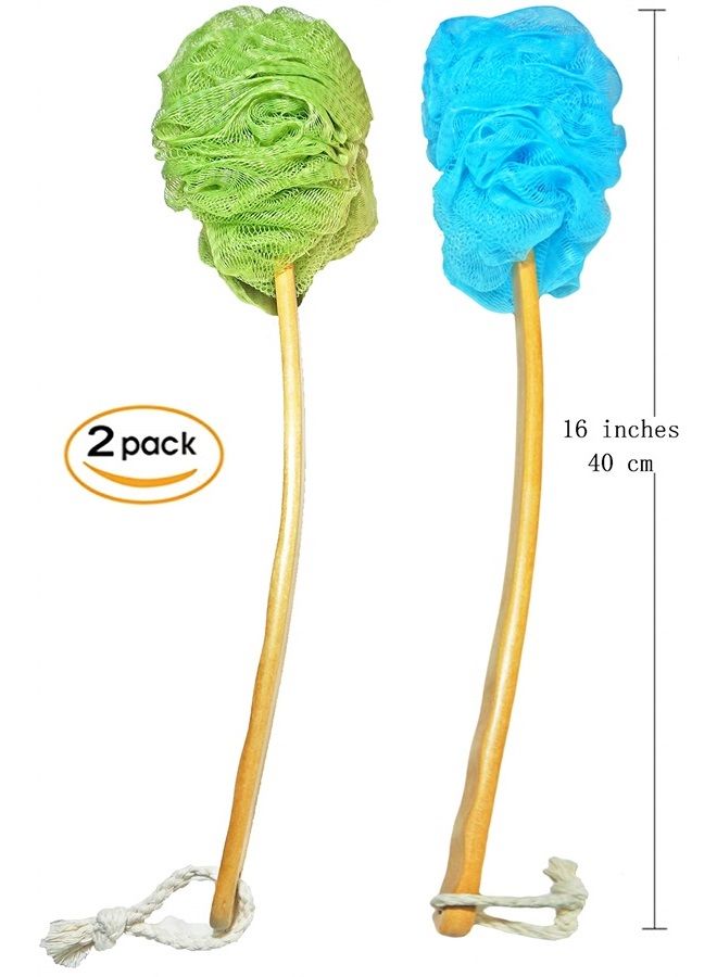Shower Loofah Body & Back Scrubber - Exfoliating luffa loofa Bath Brush On a Stick - With Long Wooden Handle Back Brush For Men & Women - Easy Reach Body Wash & Lotion Applicator（2Pack-Blue&Green)