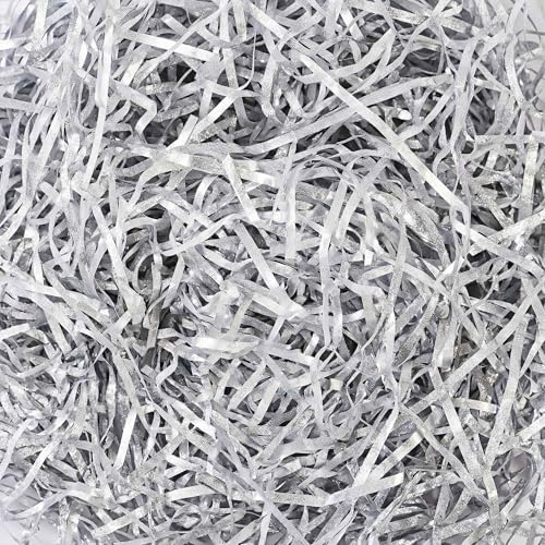 LJY Glitter Raffia Paper Shreds 100g Crinkle Cut Filler for Gift Wrapping Basket Filling Wedding Decorations Party Supplies and DIY Crafts Shredded Confetti Strands Glitter Silver - Image 2