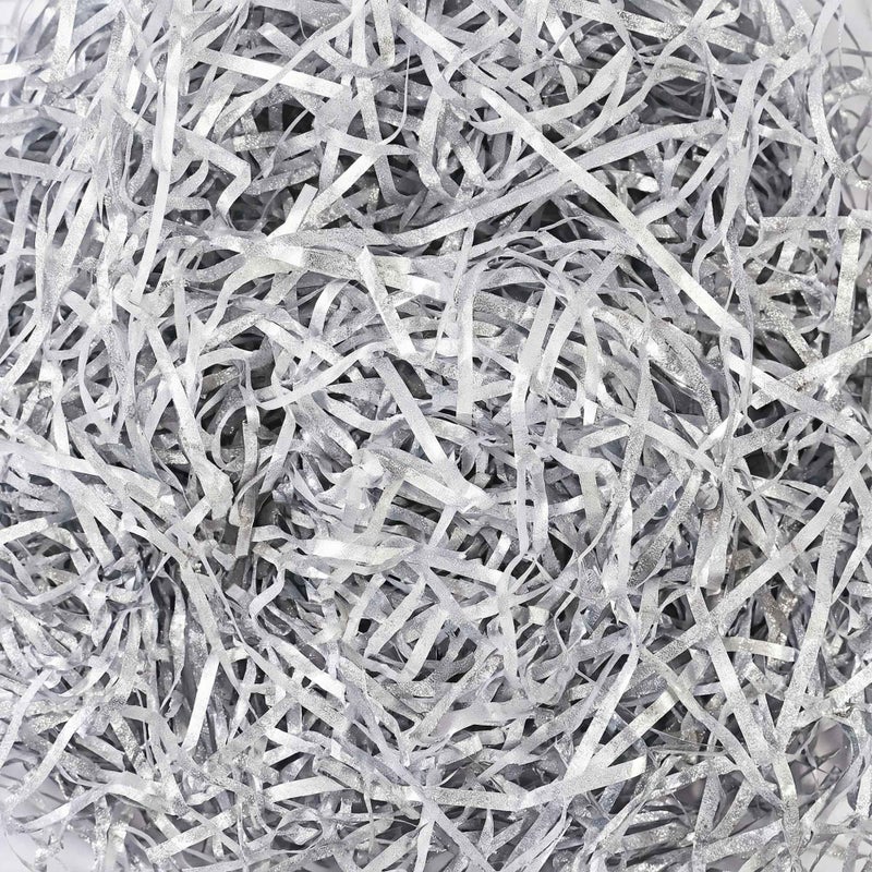 LJY Glitter Raffia Paper Shreds 100g Crinkle Cut Filler for Gift Wrapping Basket Filling Wedding Decorations Party Supplies and DIY Crafts Shredded Confetti Strands Glitter Silver - Image 3