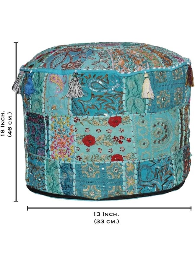 Aakriti Gallery Indian Pouf Footstool Ethnic Embroidered Pouf Cover, Indian Cotton Round Pouffe Ottoman Pouf Cover Pillow Ethnic Decor Art - Cover Only (Turquoise, 18X13) - Image 3