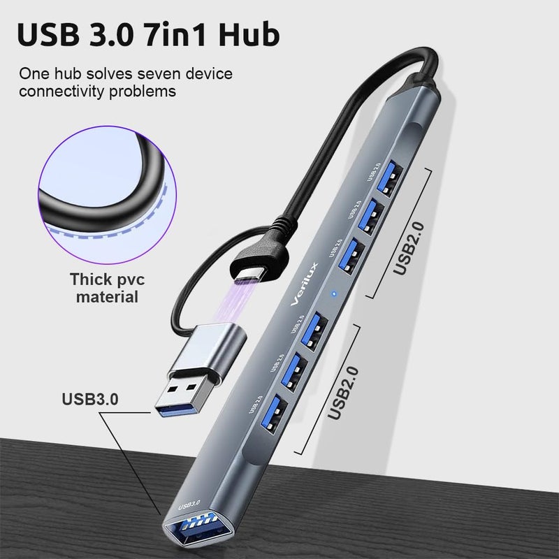 Verilux ® USB Hub 3.0 for PC Type C Hub 7 in 1 High Speed 3.0 Multi USB Port for Laptop 5Gbs Transfer Speed USB Extender Multiple USB Connector for MacBook Air/Pro M1/M2, iPad Pro, Dell, Samsung Galaxy - Image 5