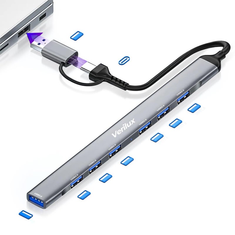 Verilux ® USB Hub 3.0 for PC Type C Hub 7 in 1 High Speed 3.0 Multi USB Port for Laptop 5Gbs Transfer Speed USB Extender Multiple USB Connector for MacBook Air/Pro M1/M2, iPad Pro, Dell, Samsung Galaxy - Image 1