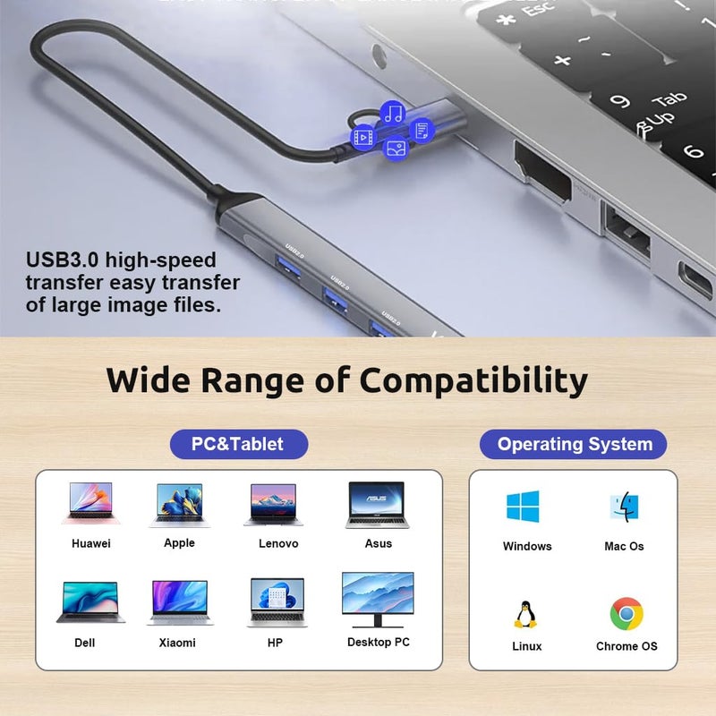 Verilux ® USB Hub 3.0 for PC Type C Hub 7 in 1 High Speed 3.0 Multi USB Port for Laptop 5Gbs Transfer Speed USB Extender Multiple USB Connector for MacBook Air/Pro M1/M2, iPad Pro, Dell, Samsung Galaxy - Image 4
