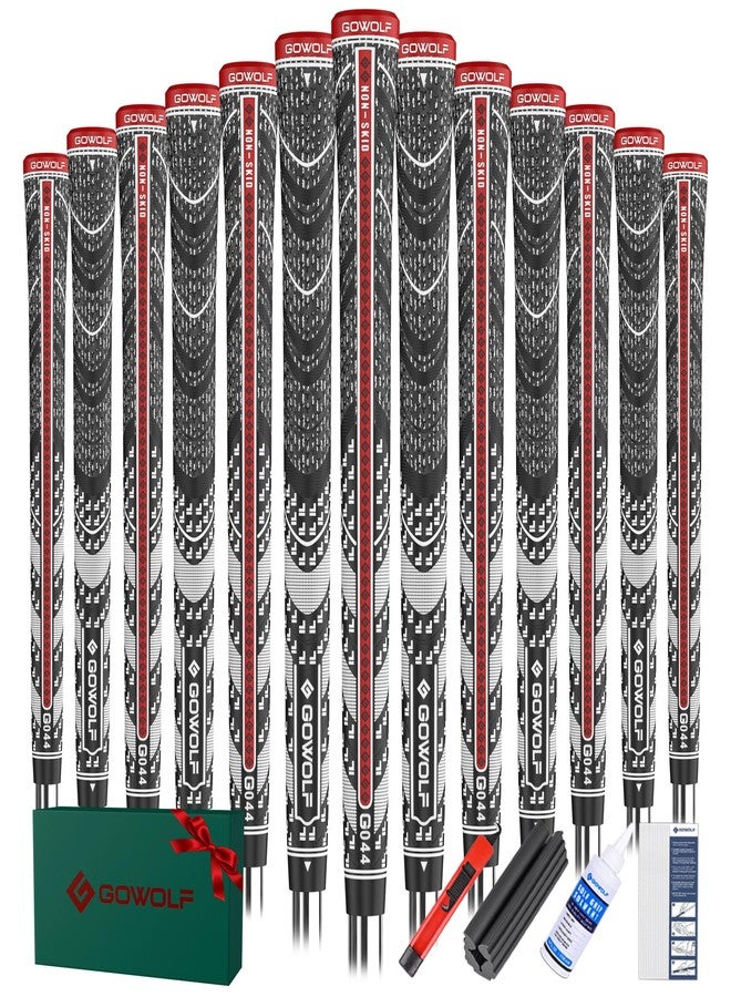 Gowolf 2024 New Corded Rubber Golf Grips 13 Pack, Back Rib Improved Control Multi-compound Hybrid Golf Club Grips, with Free 15 Tapes (Midsize,Red+White) - Image 1