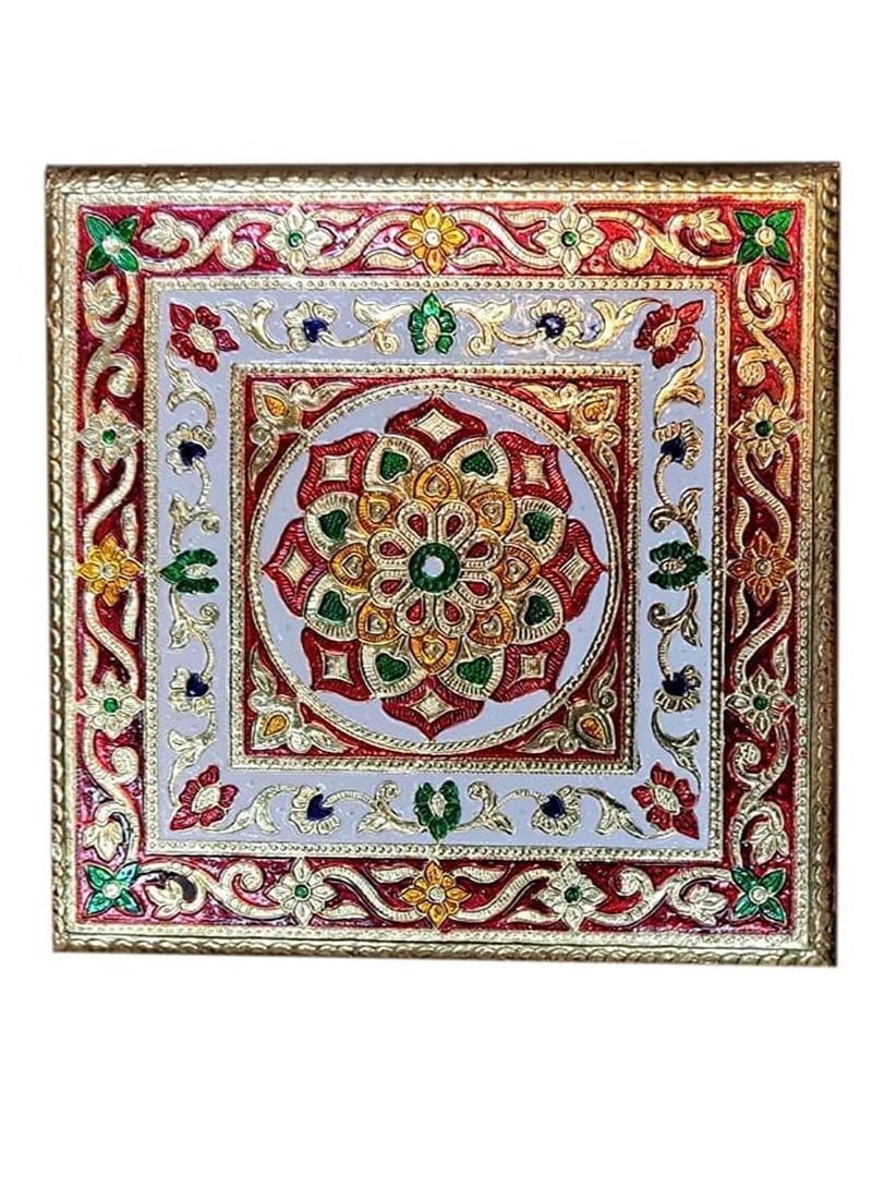 Generic Handcrafted Wood Minakari Chowki aluminium wrap Flower Design | Premium Quality Bajot with Metal Stand for Home & Office Decor Size (20 x 20 x 4)  - Image 3