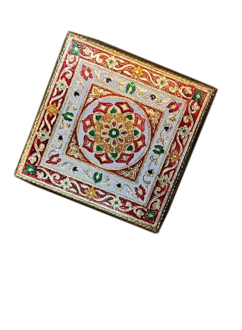 Generic Handcrafted Wood Minakari Chowki aluminium wrap Flower Design | Premium Quality Bajot with Metal Stand for Home & Office Decor Size (20 x 20 x 4)  - Image 2