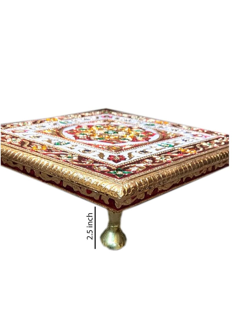 Generic Handcrafted Wood Minakari Chowki aluminium wrap Flower Design | Premium Quality Bajot with Metal Stand for Home & Office Decor Size (20 x 20 x 4)  - Image 1
