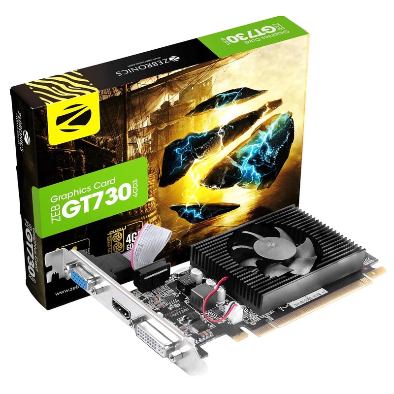 ZEBRONICS بطاقة الرسوميات Pci_E- GT730 4GD3، مدعومة من NVIDIA، ذاكرة رسومية GDDR3 مع ناقل ذاكرة 64 بت، تدعم PCI Express (2.0) X 8، تدعم DirectX 11 و OpenGL 4.4، أقصى دقة مدعومة 4096 X 2160 @24Hz - Image 1