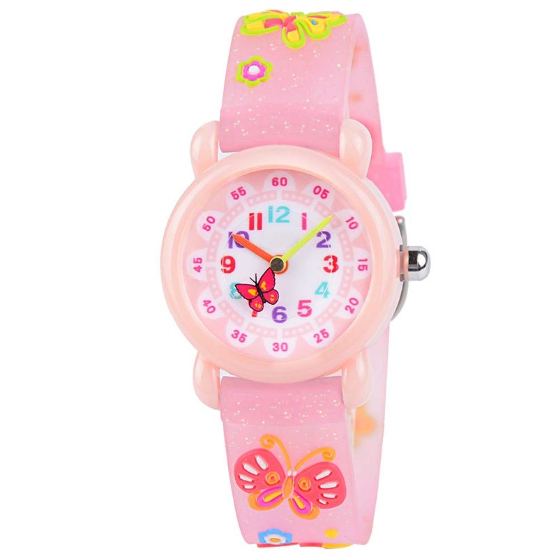 Venhoo Kids Watches Cute 3D Cartoon Waterproof Silicone Children Toddler Wrist Watch for 3-10 Year Boys Girls Little Child-Pink Bling Butterfly