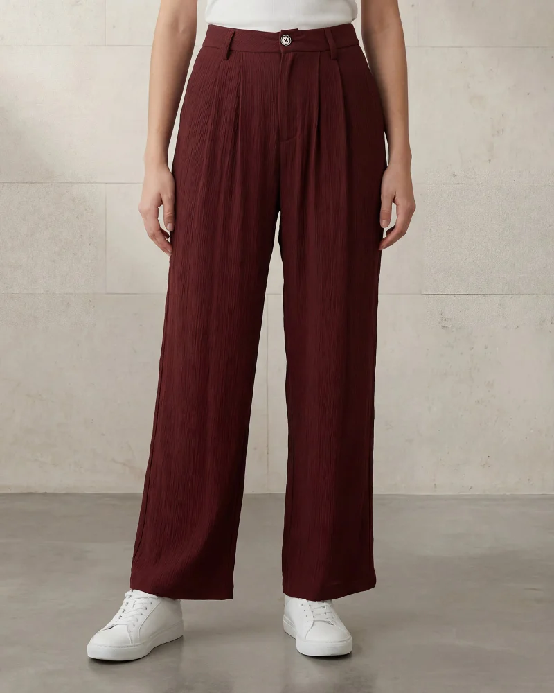 Redtag Women Burgundy Pleated Wide Leg Trousers