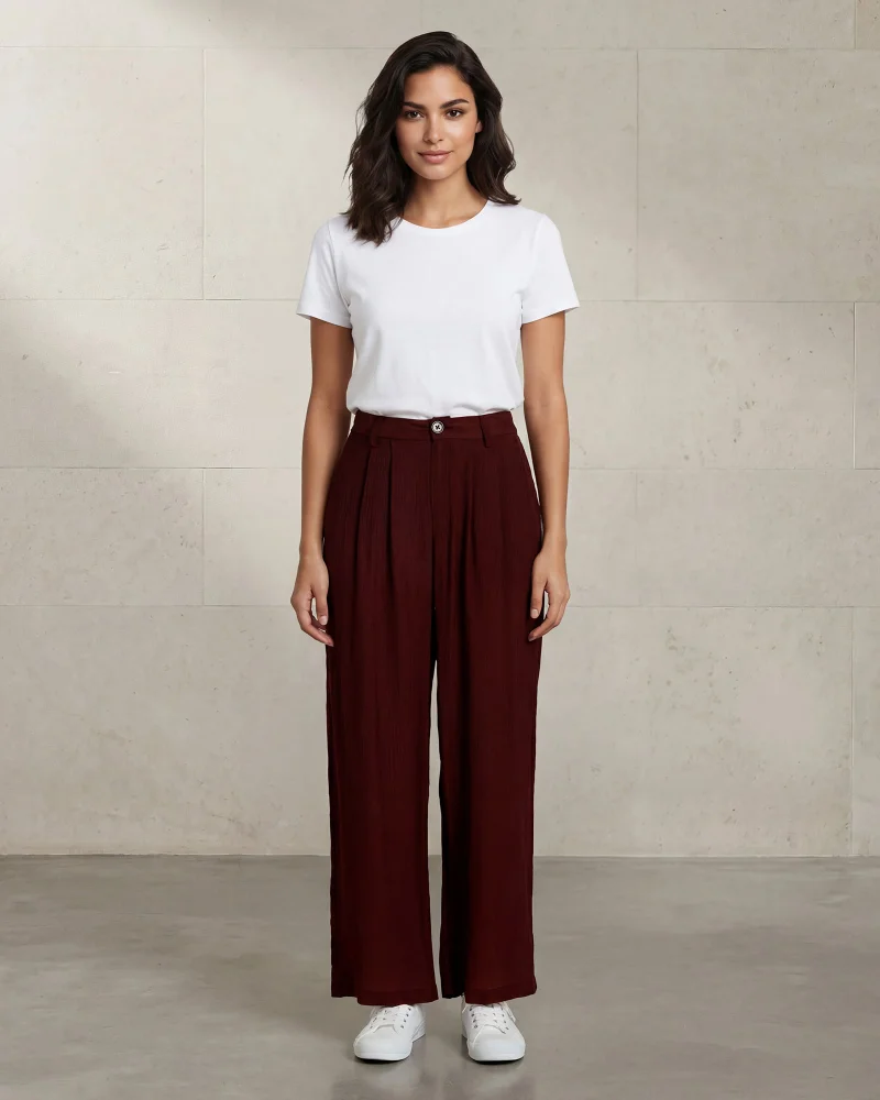 Redtag Women Burgundy Pleated Wide Leg Trousers