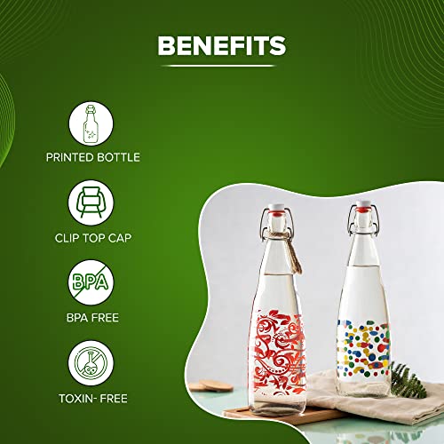 SAND DUNE Set of 3, 1000 ml Each Polka Dots Printed Glass clip top cap water bottle with flip top cap, Leak-Proof for water, Juices - Reusable Travel Glass Drinking Fridge Bottles - Image 4