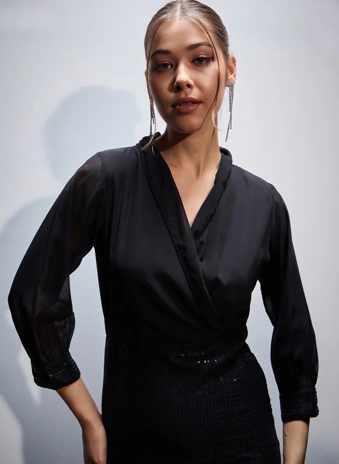 SASSAFRAS Black Embroidered Bodycon Dress for Women