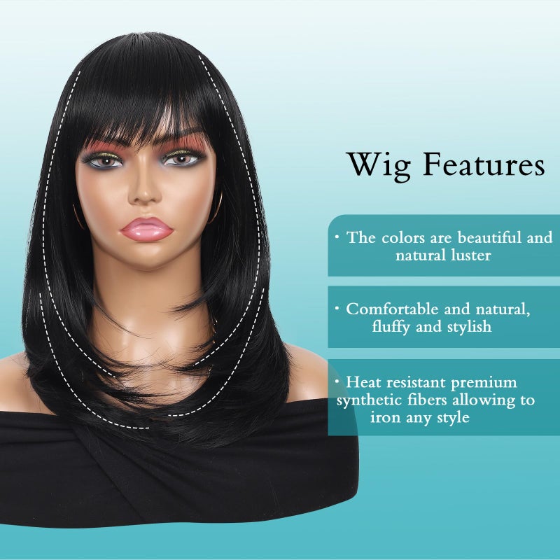Kalyss Black Wig with Bangs Layered Wigs for Women Natural Looking Heat Resistant Synthetic Hair Wigs for Women Medium Long Straight Wig 18 Inches - Image 4