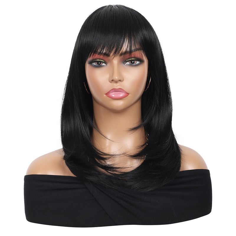 Kalyss Black Wig with Bangs Layered Wigs for Women Natural Looking Heat Resistant Synthetic Hair Wigs for Women Medium Long Straight Wig 18 Inches - Image 1