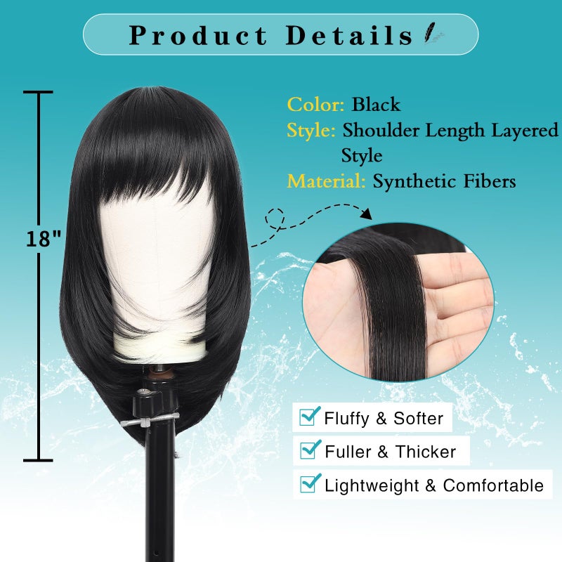 Kalyss Black Wig with Bangs Layered Wigs for Women Natural Looking Heat Resistant Synthetic Hair Wigs for Women Medium Long Straight Wig 18 Inches - Image 3