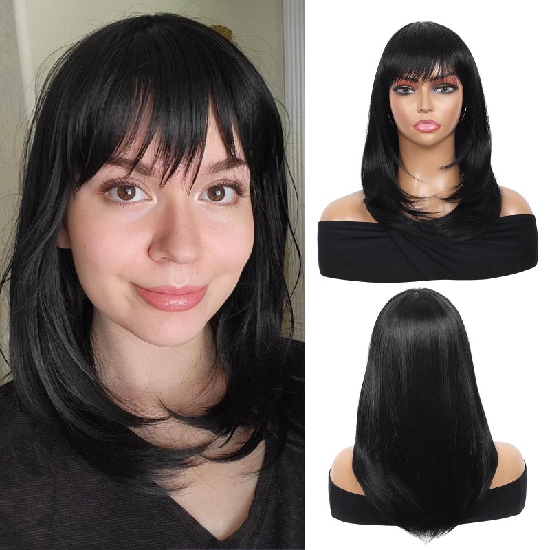 Kalyss Black Wig with Bangs Layered Wigs for Women Natural Looking Heat Resistant Synthetic Hair Wigs for Women Medium Long Straight Wig 18 Inches - Image 2