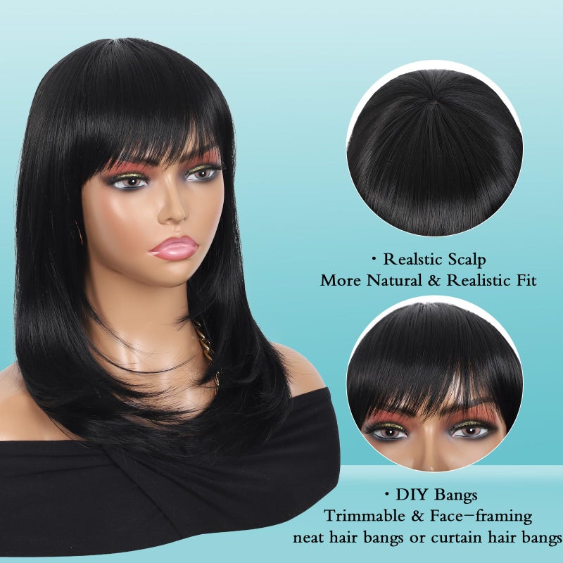 Kalyss Black Wig with Bangs Layered Wigs for Women Natural Looking Heat Resistant Synthetic Hair Wigs for Women Medium Long Straight Wig 18 Inches - Image 5