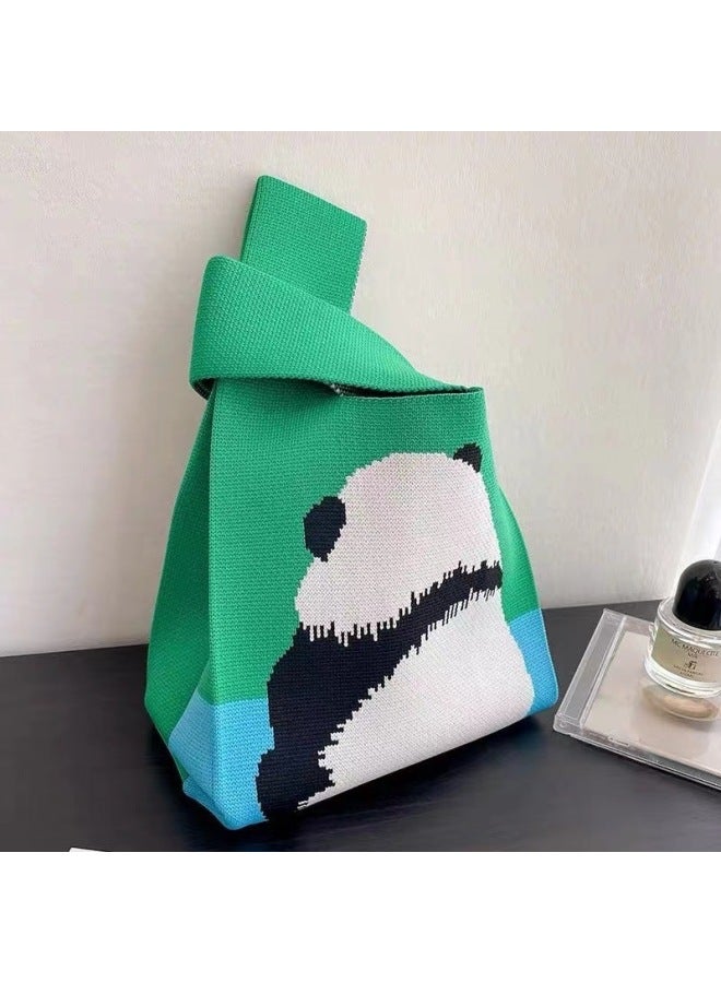 Xipu Cute Panda Knitted Handbag National Trendy Cartoon Wool Women's Bag Wrist Bag Summer Fashion Korean-style All-match-Color:Green-Back Bear - Image 1