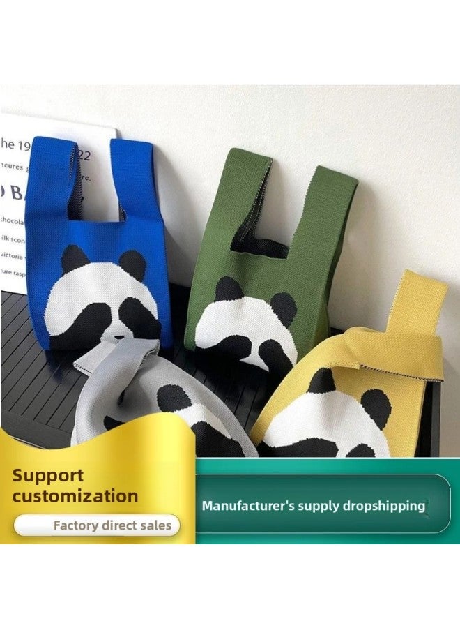 Xipu Cute Panda Knitted Handbag National Trendy Cartoon Wool Women's Bag Wrist Bag Summer Fashion Korean-style All-match-Color:Green-Back Bear - Image 2