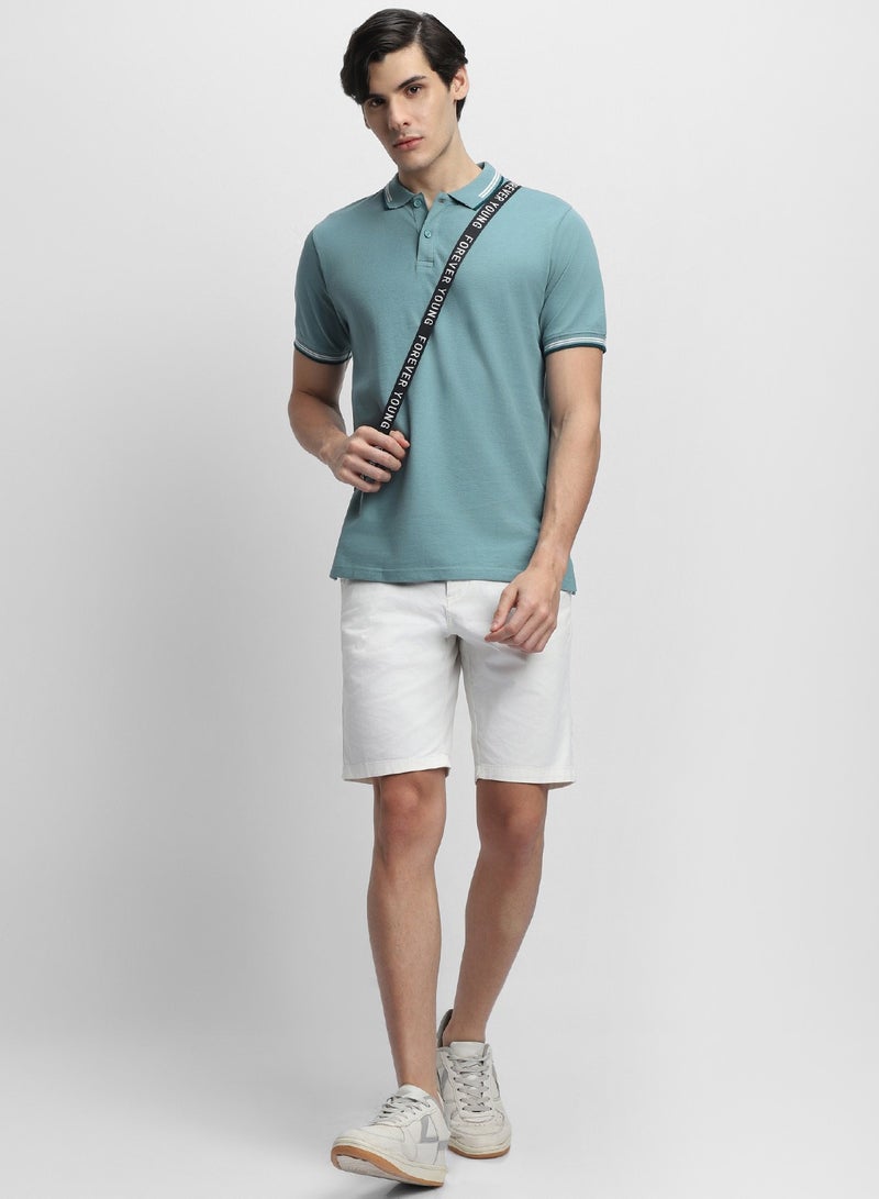 Dennis Lingo Men's Sea Blue 100% Cotton Solid Pattern Slim Fit T-Shirt  - Image 1