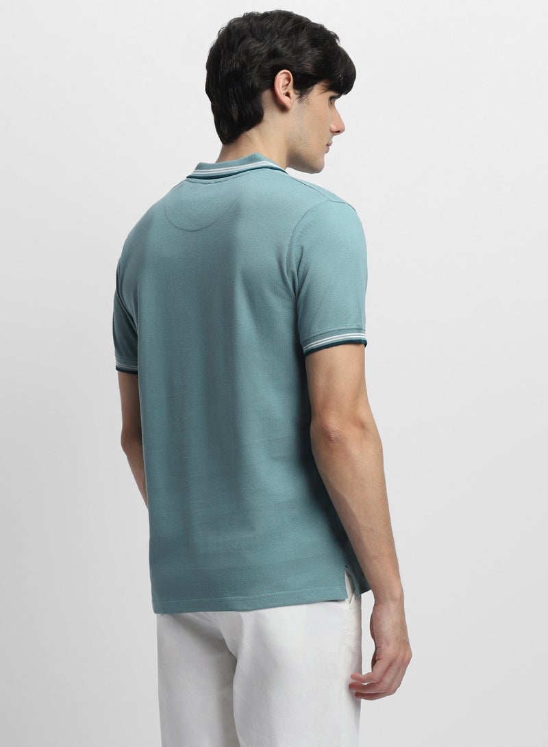 Dennis Lingo Men's Sea Blue 100% Cotton Solid Pattern Slim Fit T-Shirt  - Image 4