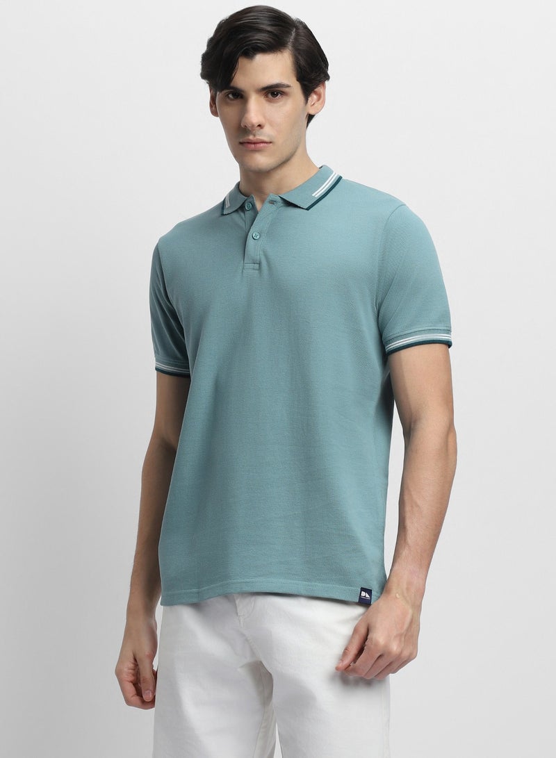 Dennis Lingo Men's Sea Blue 100% Cotton Solid Pattern Slim Fit T-Shirt  - Image 3