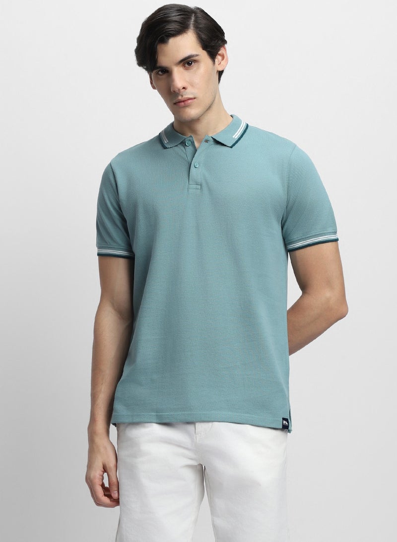 Dennis Lingo Men's Sea Blue 100% Cotton Solid Pattern Slim Fit T-Shirt  - Image 2