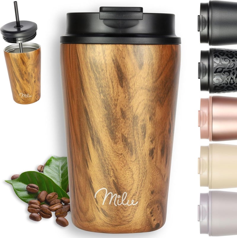 Milu Thermal Mug, 400 ml, 100% Leak-Proof, Stainless Steel Coffee Mug to Go, Insulated with Straw, Keeps Hot for 10 Hours/Cold for 20 Hours, BPA-Free (Wood Look, 400 ml) - Image 1