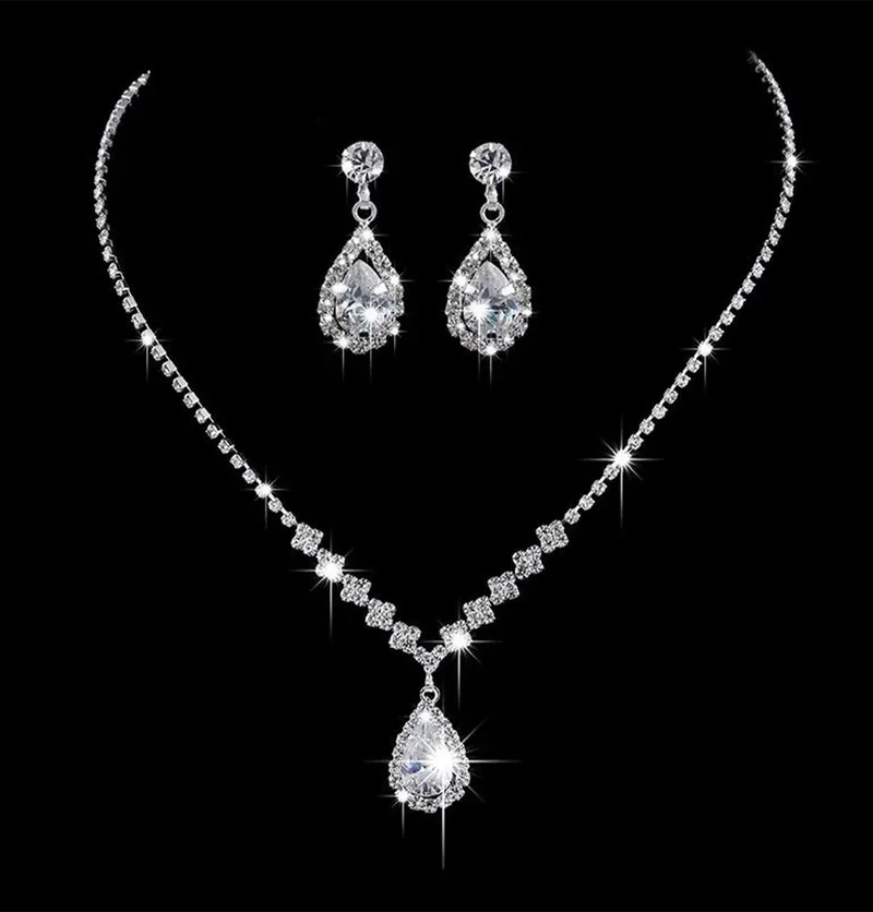 Bahels Silver Plated Water Path Zircon Stone Necklace Earring Set Bridal Jewelry Set Engagement Set Party Invitation Set