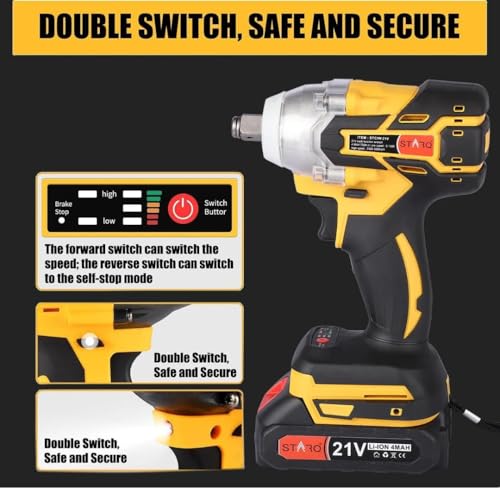 STARQ Heavy Duty 21V Cordless Impact Wrench with 2 Batteries | 2 Variable Speed | Build-In LED Lights | Forward & ReverseSwitch | Yellow (Yellow-Wrench) - Image 3