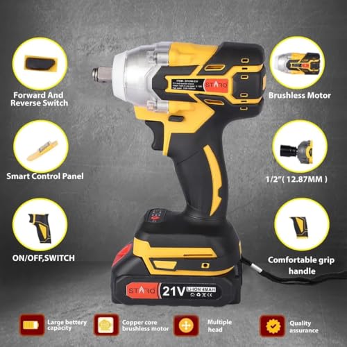 STARQ Heavy Duty 21V Cordless Impact Wrench with 2 Batteries | 2 Variable Speed | Build-In LED Lights | Forward & ReverseSwitch | Yellow (Yellow-Wrench) - Image 4